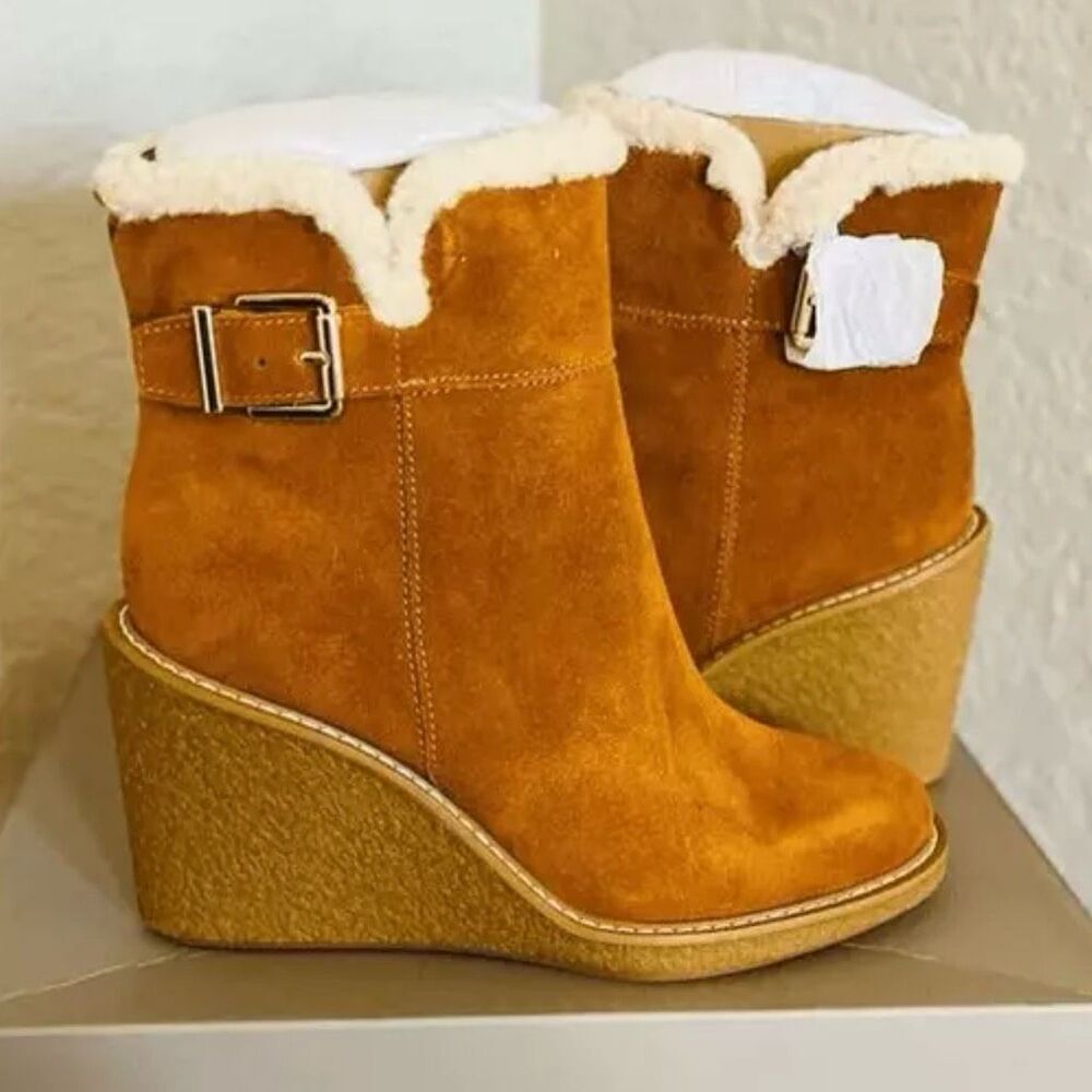 FRANCO SARTO Ulayna Water Resistant Suede Fleece Wedge‎ Bootie, Brown, NWT